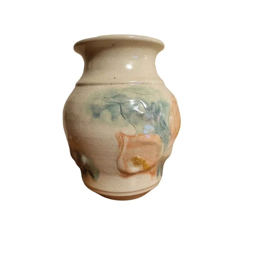Vtg Signed Hand-Painted Pastels Vase Planter Pottery Raised Flowers C. Radke '93